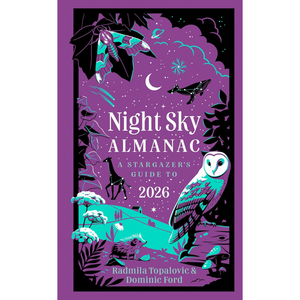 Book cover of 'Night Sky Almanac: A Stargazer's Guide to 2026' with illustrations of celestial bodies and animals on a purple background.