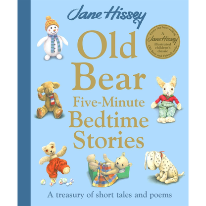 Book cover of 'Old Bear Five-Minute Bedtime Stories' by Jane Hissey with illustrations of teddy bears and a dog.