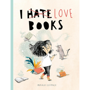 Book cover with illustration of a person and cat, text 'I ❌ LOVE BOOKS' on a pastel background