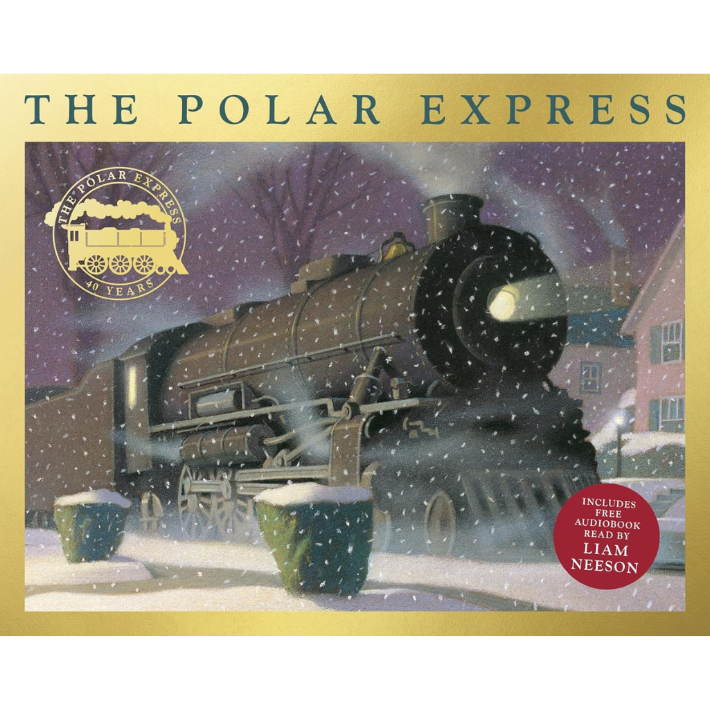 Cover of 'The Polar Express' with a steam train in a snowy scene.