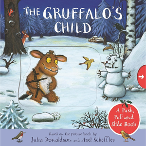 Cover of 'The Gruffalo's Child' book with a snowy scene, Gruffalo, and snowman.