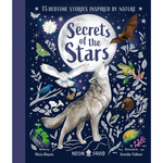 Book cover of 'Secrets of the Stars' with illustrations of a wolf, owl, and various nature elements on a dark blue background.