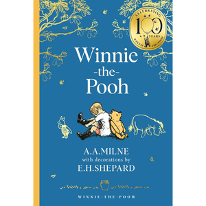 Book cover of 'Winnie-the-Pooh' with illustrations and decorative elements on a blue background.