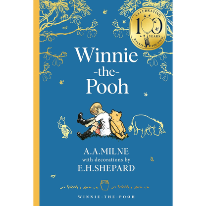 Book cover of 'Winnie-the-Pooh' with illustrations and decorative elements on a blue background.