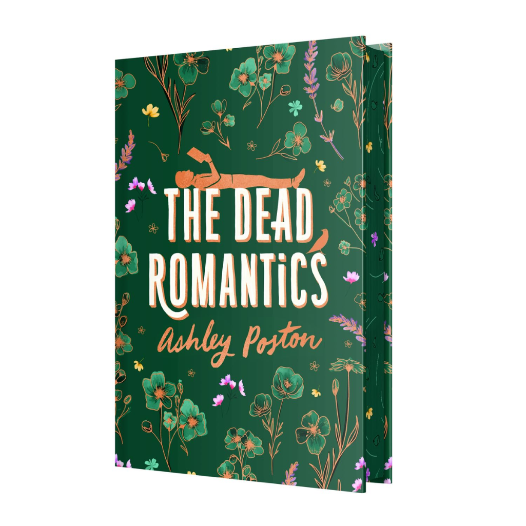 Book cover of 'The Dead Romantics' by Ashley Poston with floral design on a green background