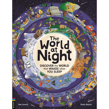 Book cover of 'The World at Night' with illustrations and text.