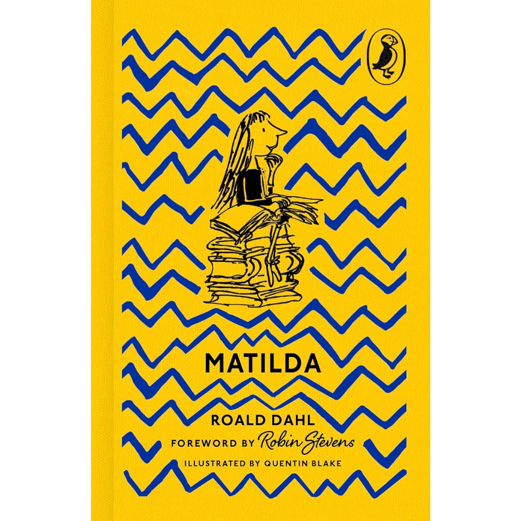 Book cover of 'Matilda' by Roald Dahl with blue zigzag pattern on yellow background
