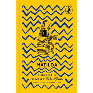 Book cover of 'Matilda' by Roald Dahl with blue zigzag pattern on yellow background