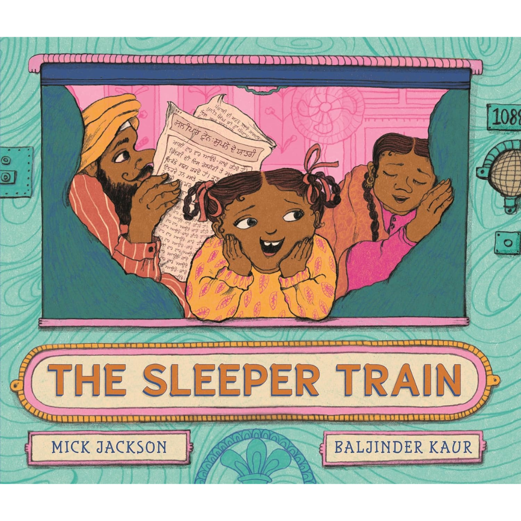 Book cover of 'The Sleeper Train' with illustrations of children on a train and text by Mick Jackson and Baljinder Kaur.
