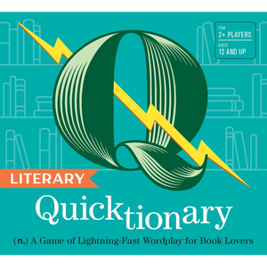 Cover of 'Literary Quicktionary' game with a green letter 'Q' and yellow lightning bolt on a teal background.