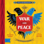 Book cover of 'War and Peace' with stylized birds and a red shield on a yellow background
