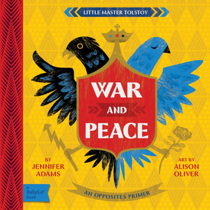 Book cover of 'War and Peace' with stylized birds and a red shield on a yellow background