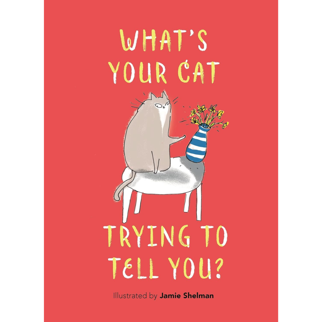 Book cover with a cat illustration and text on a red background