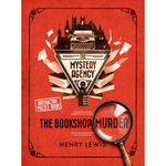 Book cover of 'The Bookshop Murder' by Henry Lewis with a red background, typewriter, books, and magnifying glass.
