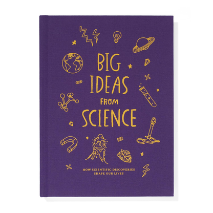 Purple book cover with yellow text and science-themed illustrations on a white background