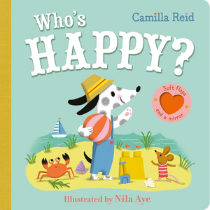 Book cover of 'Who's Happy?' with a dog, crab, and mouse on a beach.