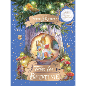 Book cover of 'Tales for Bedtime' from The World of Peter Rabbit with a rabbit reading a book in a treehouse.