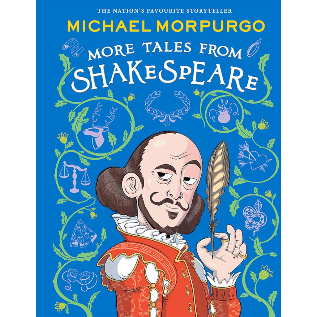 Book cover of 'More Tales from Shakespeare' by Michael Morpurgo with a stylized illustration of William Shakespeare on a blue background.