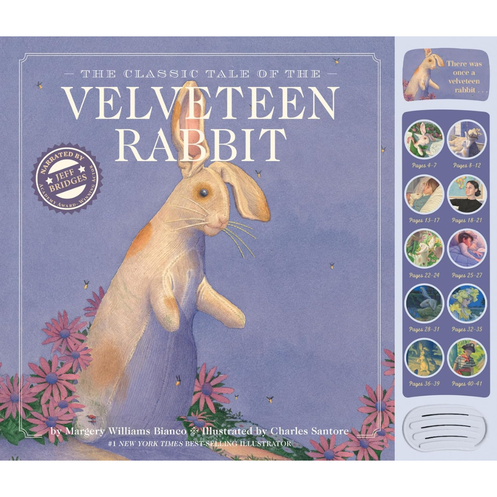 Book cover of 'The Velveteen Rabbit' with a plush rabbit illustration on a purple background.