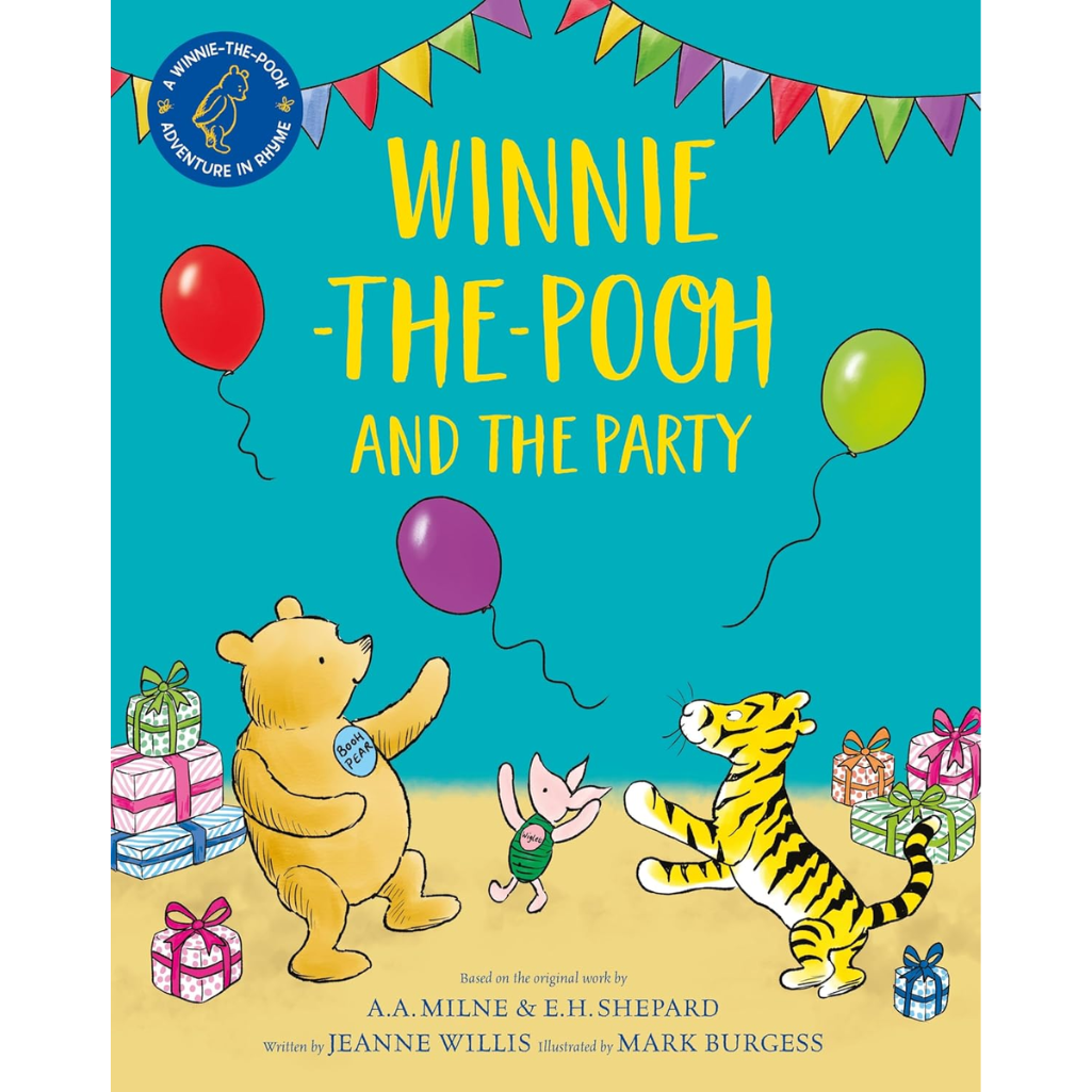 Book cover of 'Winnie-the-Pooh and the Party' with colorful balloons and presents.