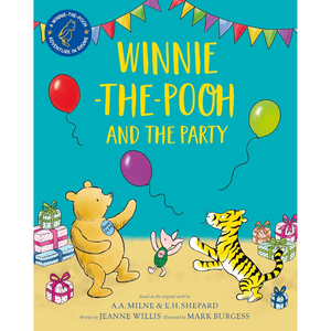 Book cover of 'Winnie-the-Pooh and the Party' with colorful balloons and presents.
