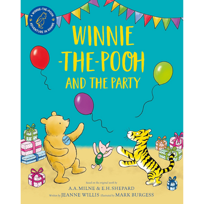 Book cover of 'Winnie-the-Pooh and the Party' with colorful balloons and presents.