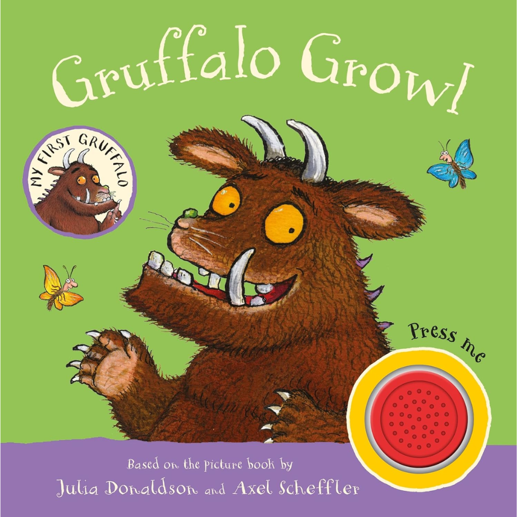 Children's book cover of 'Gruffalo Growl' with the Gruffalo character and a button to press.