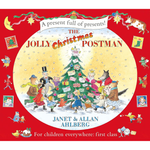 Book cover of 'The Jolly Christmas Postman' with festive illustration and red border.