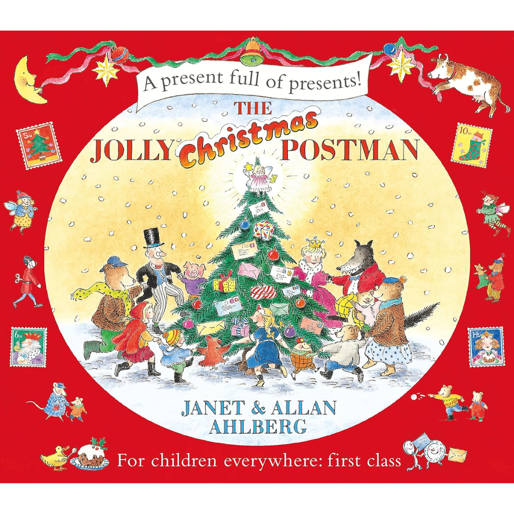 Book cover of 'The Jolly Christmas Postman' with festive illustration and red border.