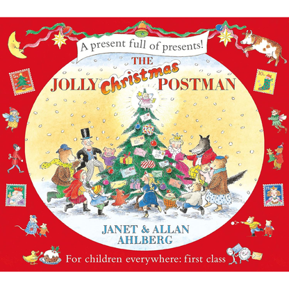 Book cover of 'The Jolly Christmas Postman' with festive illustration and red border.