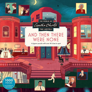 Jigsaw puzzle box cover featuring a stylized illustration of a red building with people and text related to Agatha Christie's 'And Then There Were None'.