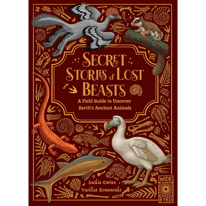Book cover of 'Secret Stories of Lost Beasts' with illustrations of various animals on a red background.