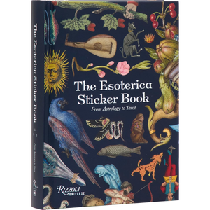 Sticker book cover with celestial and nature-themed illustrations on a dark blue background