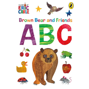 Book cover of 'Brown Bear and Friends ABC' by Eric Carle with colorful letters and illustrations.