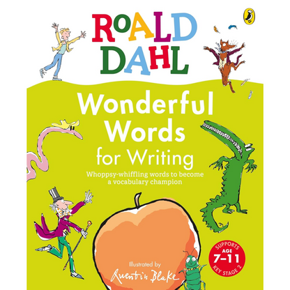 Book cover of 'Wonderful Words for Writing' by Roald Dahl with colorful illustrations on a green background.