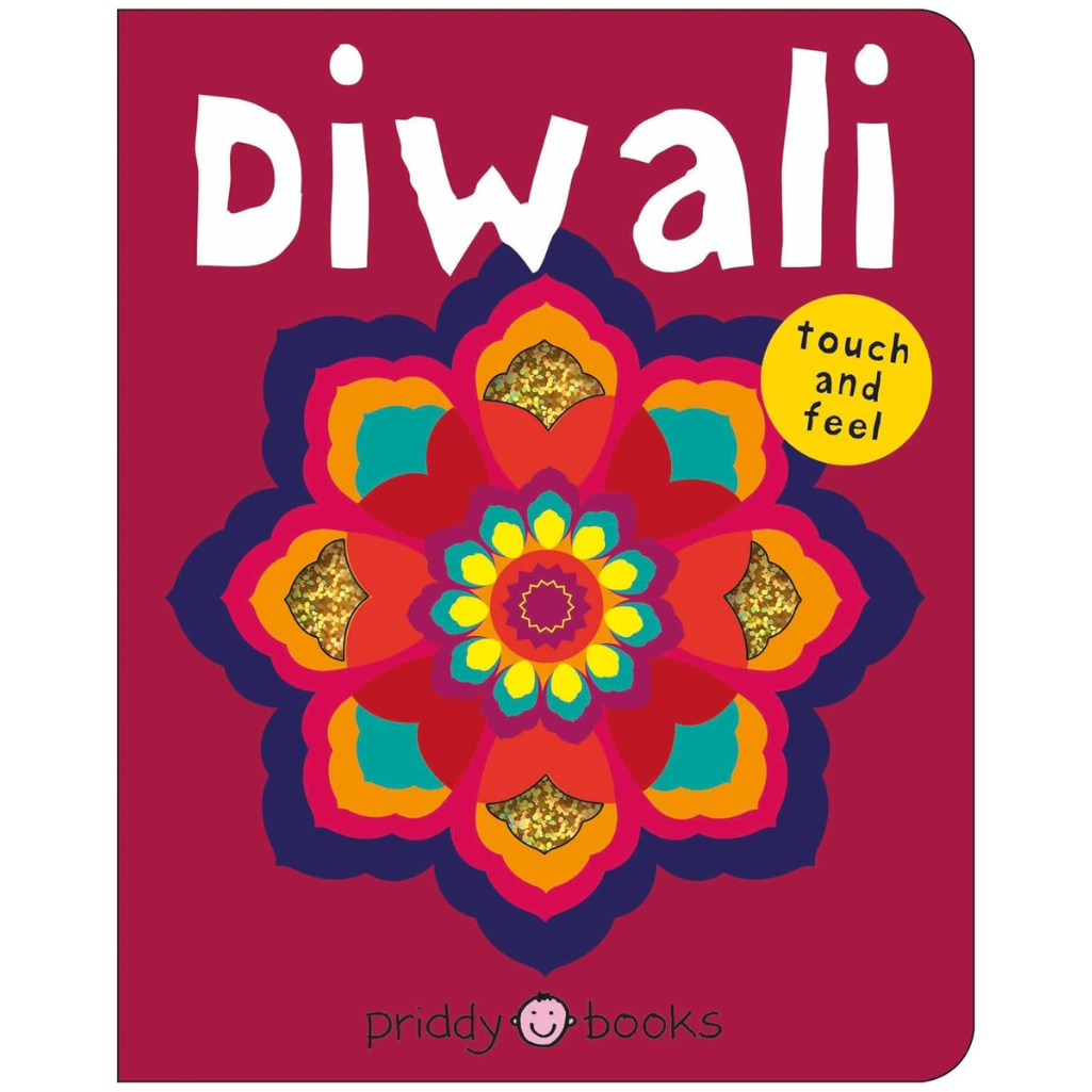 Book cover of 'Diwali' with colorful design and 'touch and feel' text on a red background.