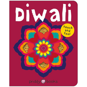 Book cover of 'Diwali' with colorful design and 'touch and feel' text on a red background.