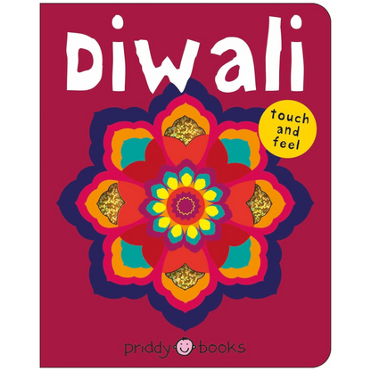 Book cover of 'Diwali' with colorful design and 'touch and feel' text on a red background.