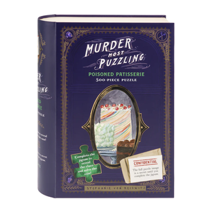 Book-shaped puzzle packaging with 'Murder Most Puzzling' and 'Poisoned Patisserie' text on a white background