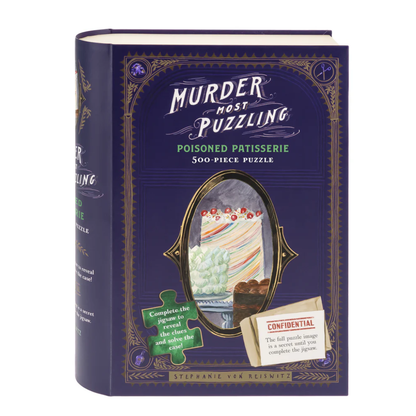 Book-shaped puzzle packaging with 'Murder Most Puzzling' and 'Poisoned Patisserie' text on a white background