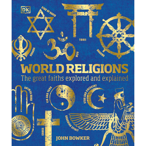 Book cover of 'World Religions' with religious symbols on a blue background