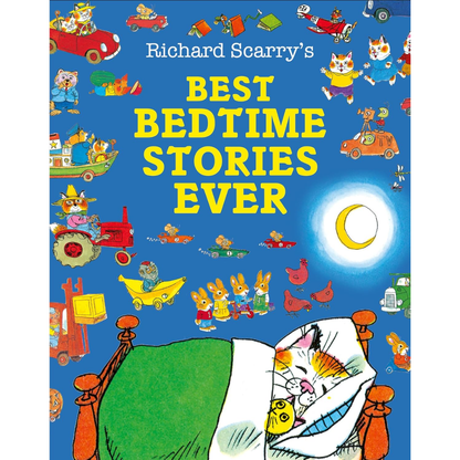 Book cover of 'Richard Scarry's Best Bedtime Stories Ever' with colorful illustrations and a blue background.