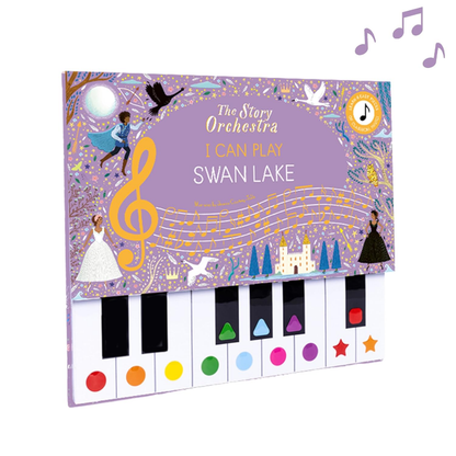 Children's book titled 'I Can Play Swan Lake' from The Story Orchestra with musical notes and piano keys on a purple background.