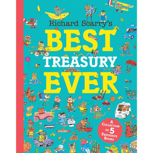Book cover of 'Richard Scarry's Best Treasury Ever' with colorful illustrations and text.