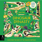 Book cover of 'Dinosaur Dynasty' with illustrations of dinosaur skeletons on a green background.