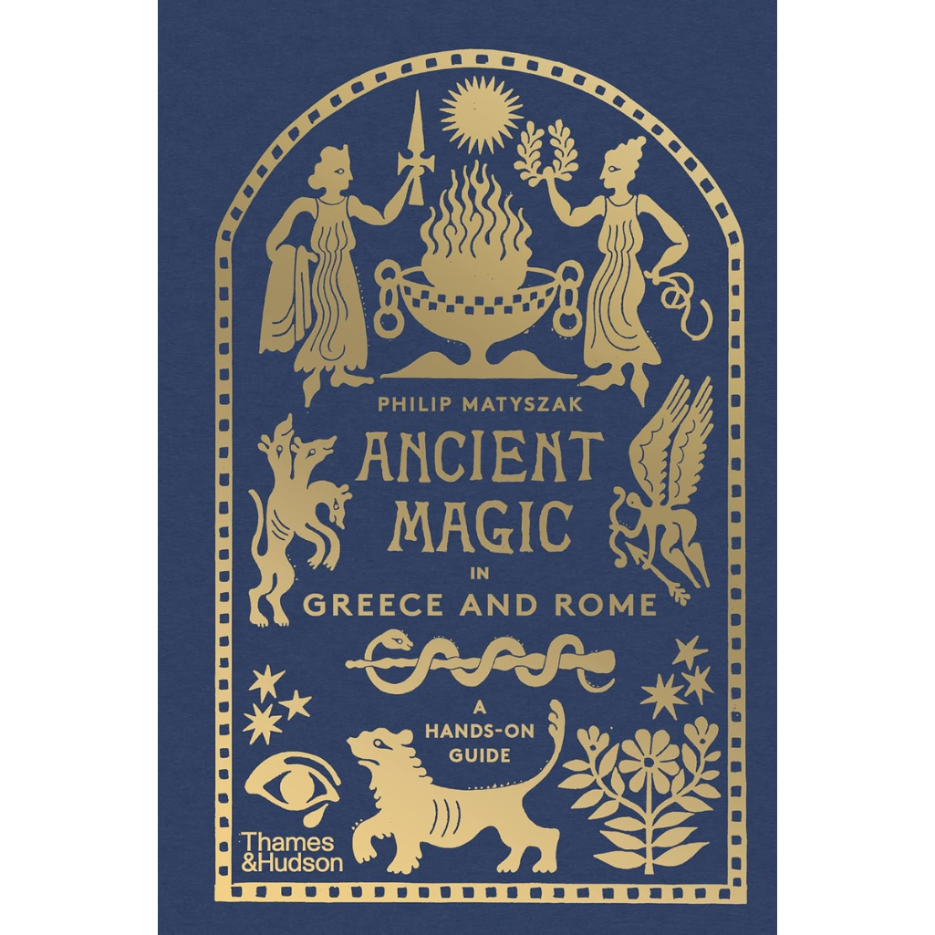 Book cover of 'Ancient Magic in Greece and Rome' with gold illustrations on a blue background