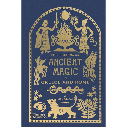 Book cover of 'Ancient Magic in Greece and Rome' with gold illustrations on a blue background
