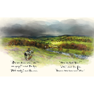 Scenic landscape with a horse and rider, featuring text on a white background