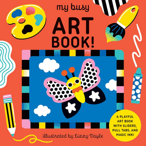 Cover of 'my busy ART BOOK!' with colorful illustrations and text on a red background.