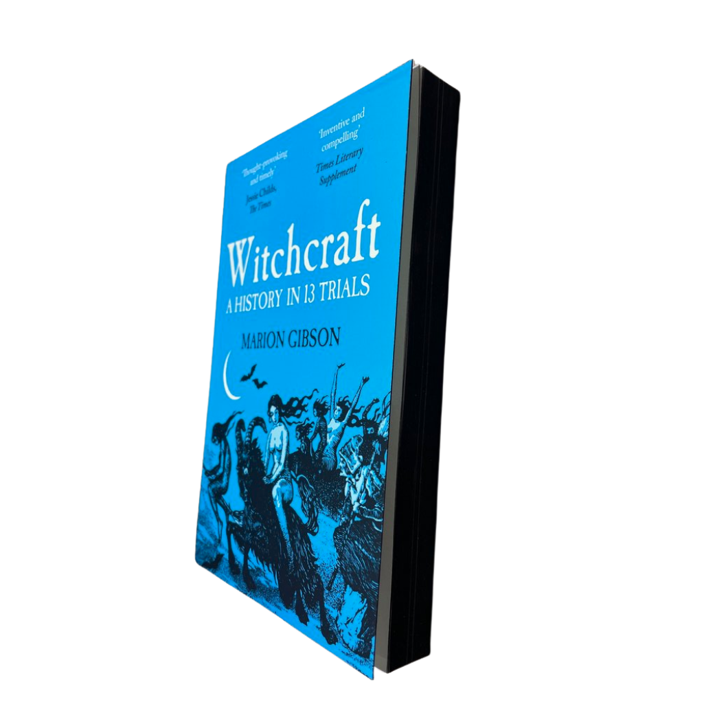 Book titled 'Witchcraft: A History in 13 Trials' by Marion Gibson on a white background